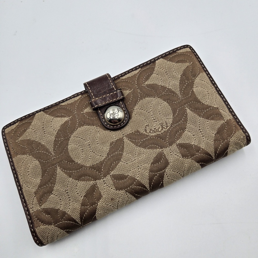Y2K Coach Trifold Quilted Wallet Brown Canvas Clutch Signature Mono Credit Slots